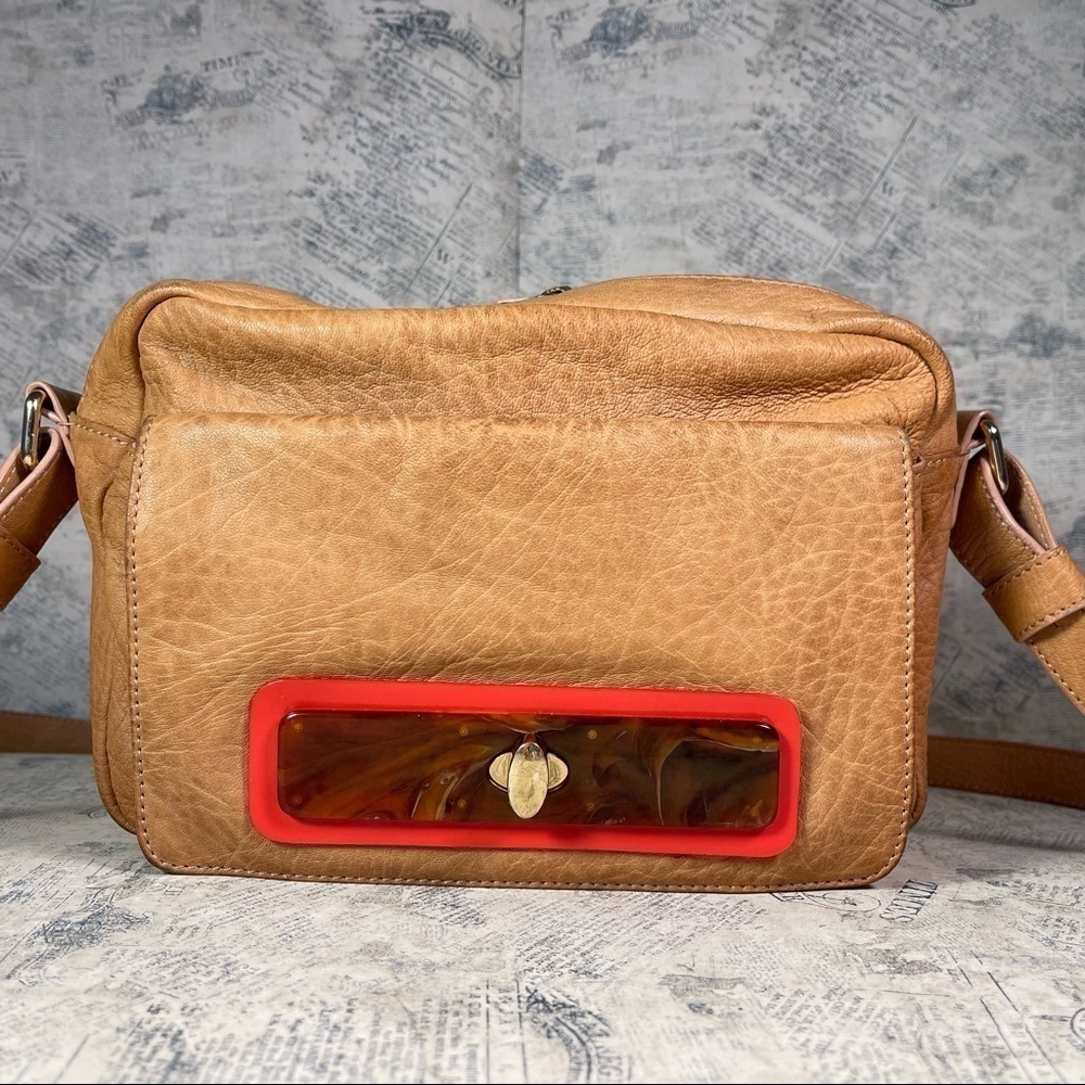 Orla Kiely Leather Shoulder Bag Resin Strip Gold Turn Lock Structured Handbag